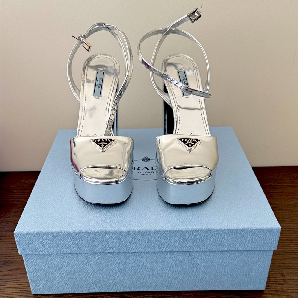 Prada Metallic Silver Heels